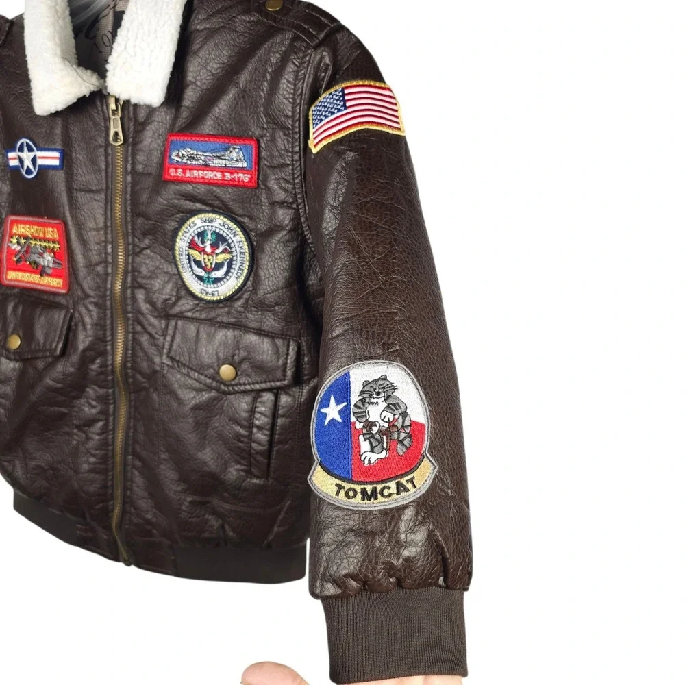 Da Fei Li Boys Bomber Jacket Size 10 Flight Aviator Faux Leather Patches Coat